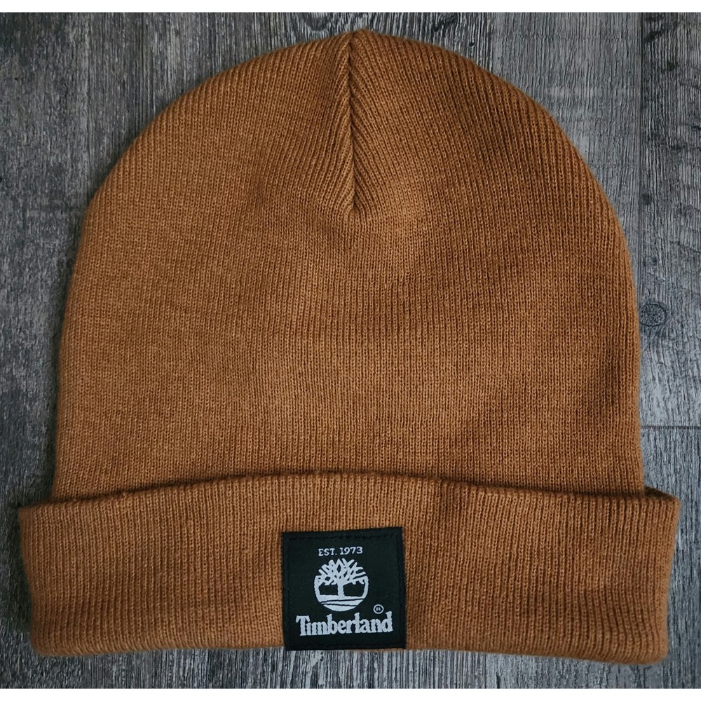 Timberland Beanie Mens Adult OS Brown Wheat Knit Logo Patch Cuffed Hat